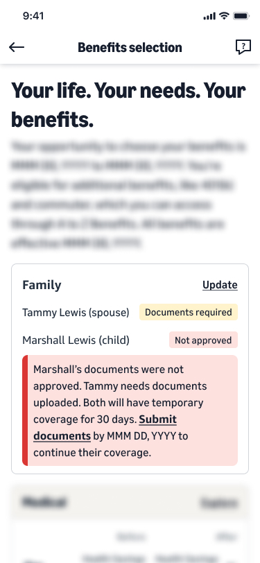 Benefits selection: a family with two dependents at different stages, one needing documents and one not yet approved, both covered temporarily and explained in a single combined note